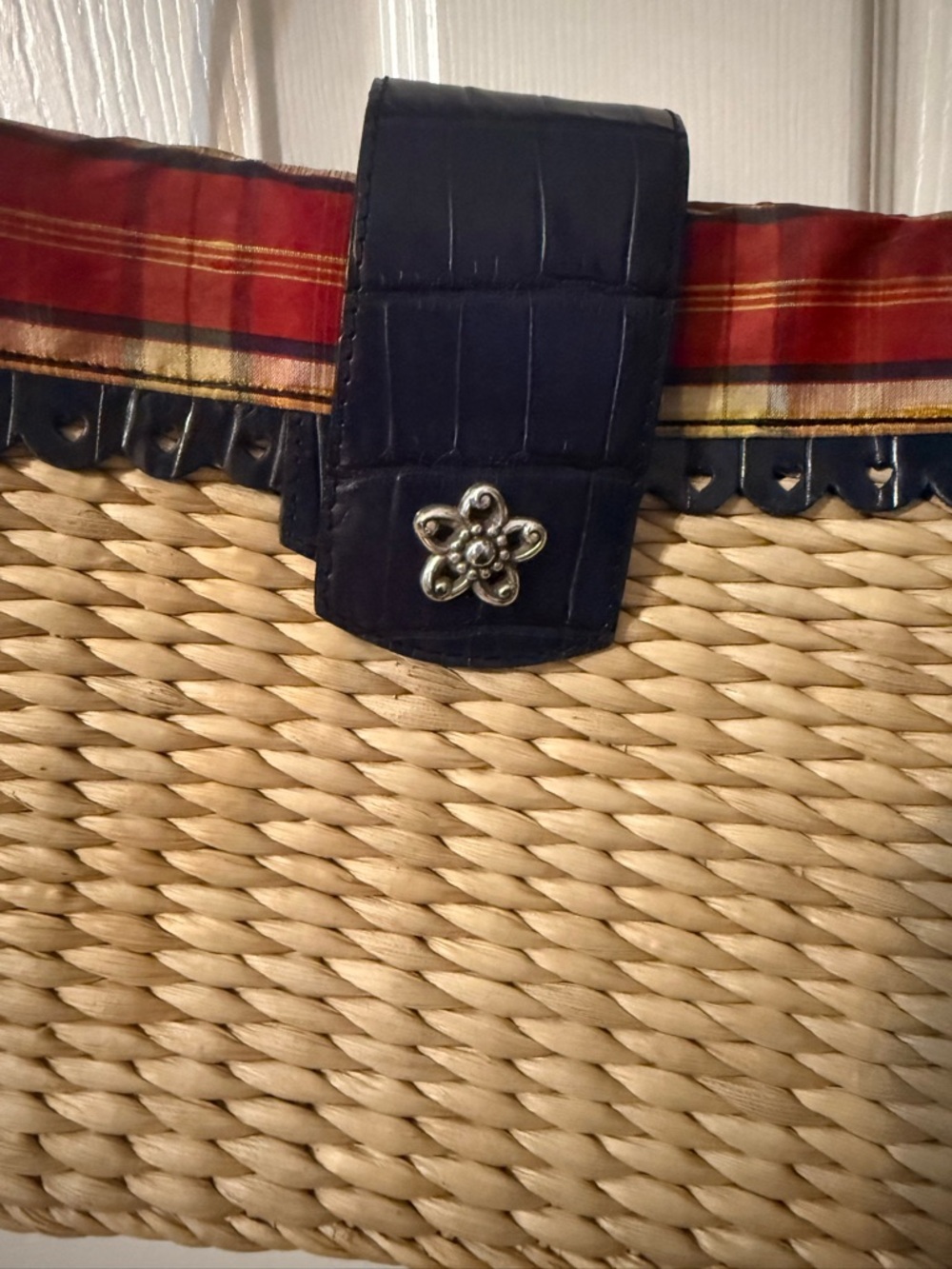 Brighton Woven Straw shoulder/crossbody with Navy Croc Trim and Red/Plaid Accent